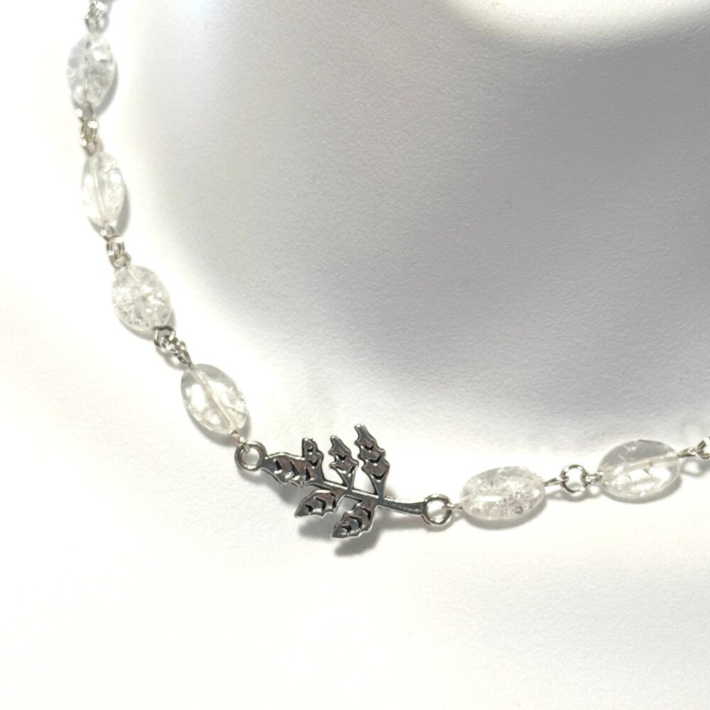 Clear Crackle Quartz Short Necklace, Gemstone & Cute Leaf Branch Pendant
